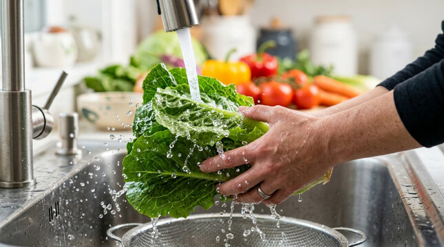Hands washing fresh lettuce under tap water in a kitchen sink, healthy cooking ingredients