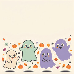 Obraz premium Cute cartoon ghosts with pumpkins and autumn leaves for halloween celebration