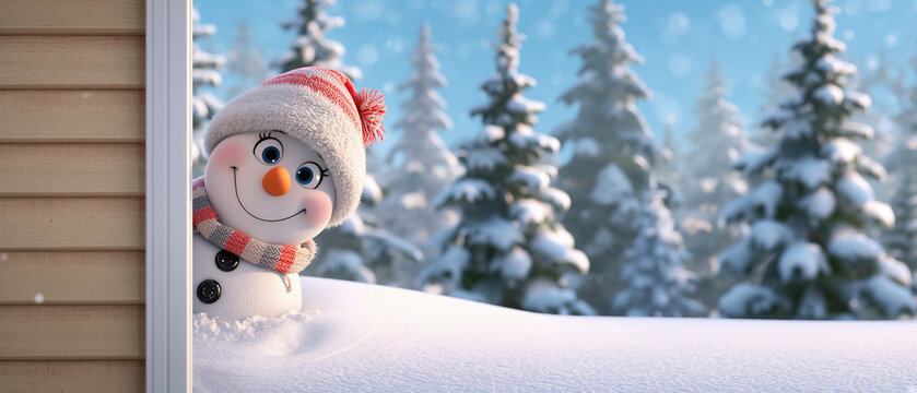 Cute cartoon cheerful snowman near the house in winter
