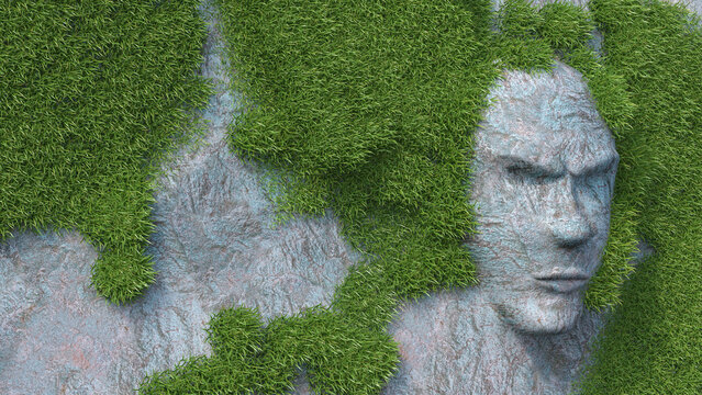 Displeased face growing out of rock overgrown with grass