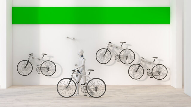 Robot renting a bike, 3d rendering