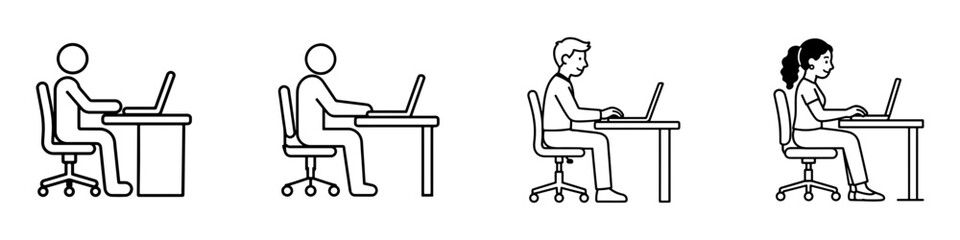 Fototapeta premium Simple line drawing SVG icon set of person working on laptop at desk for office and remote work. art
