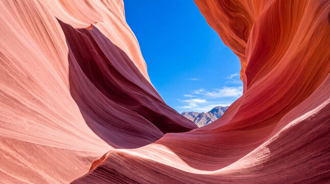 Flowing Red Sandstone Canyon Under Blue Sky｜青空をのぞむ流線的な赤い岩肌のキャニオン風景