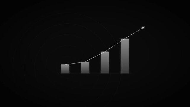 Four glowing white bar columns rise with trend line and upward arrow on dark background