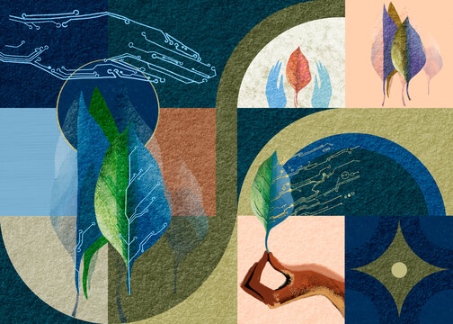 Abstract collage of green technology and sustainable innovation