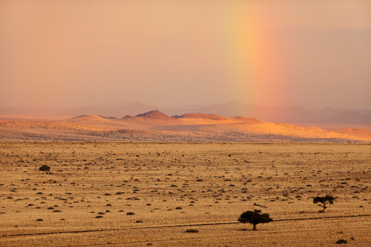 Africa, Namibia, Namib Desert, View of rainbow on gondwana sperrgebiet rand park