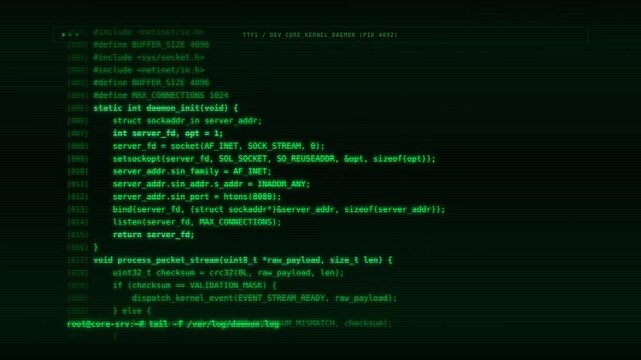 Retro green phosphor CRT terminal with monospace code stream cascading upwards