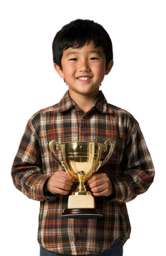 PNG Asian kid holding trophy happy smile photo.