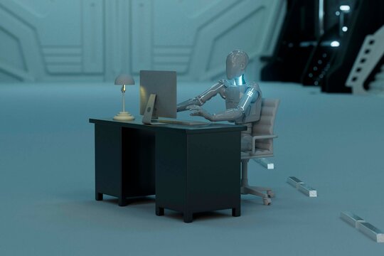 Humanoid robot working at a computer desk in a futuristic office