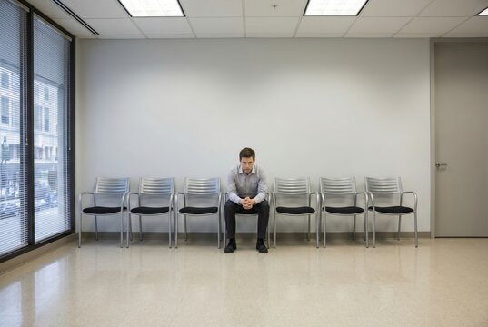 Tense businessman sitting alone in row of chairs in office waiting room