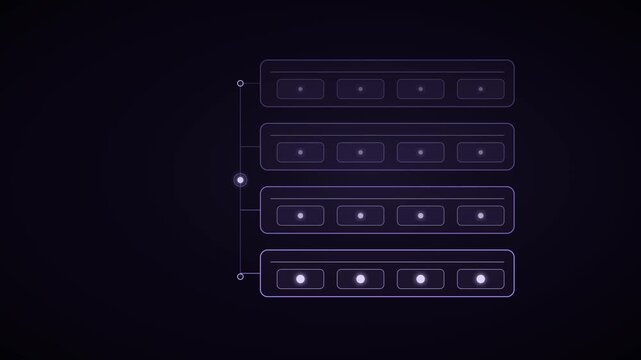 A vertical blockchain ledger stack pulses with glowing data packets