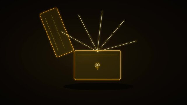 A glowing outline lockbox opens its lid and releases light rays