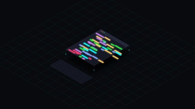 Isometric floating code editor card with glowing telemetry wires