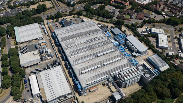 Drone captures aerial view of a large datacenter facility