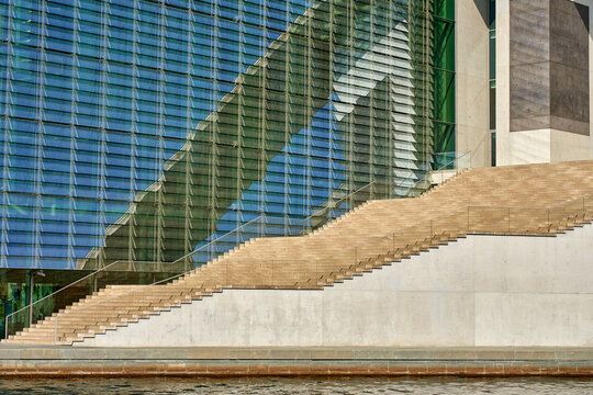 Modern Building with Glass Facade and Wide Stairs