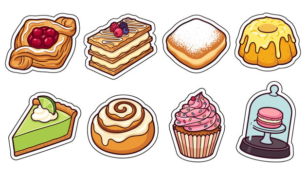 Delicious Sweet Pastry and Dessert Sticker Icon Set with Danish, Mille Feuille, Cinnamon Roll, Lime Pie, Cupcake, and Macaron for Bakery Menu Branding Designs