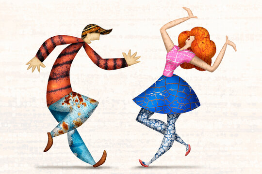 A stylized couple dances freestyle at a fun disco party
