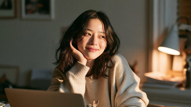 Asian freelancer working on laptop at sunlit cafe window seat 햇살 드는 카페 창가에서 일하는 20대 프리랜서