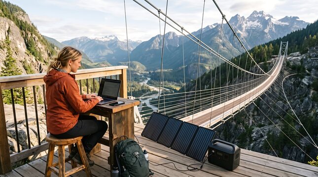 Professional working remotely on a laptop at a mountain bridge with portable solar power system