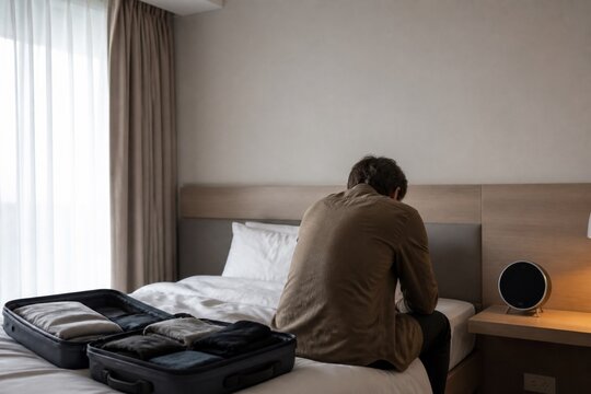 Tired Traveler Experiencing Jet Lag After Thailand Hotel Arrival