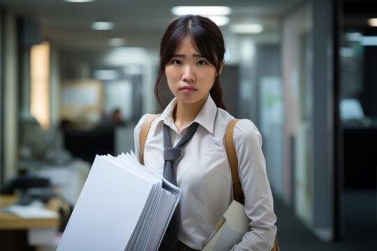 Young asian woman experiencing work stress and burnout, standing in an office with folders