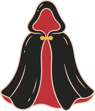 Black and red hooded cloak icon, fantasy cape illustration for games and character design