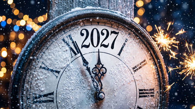 a festive New Year's Eve countdown concept featuring a vintage, snow-dusted clock face pointing toward the year 2027, accented with glowing golden bokeh lights and sparklers in the background