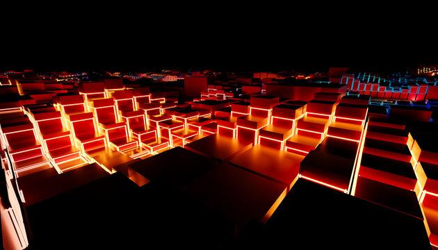 Glowing geometric cubes in abstract modern technology concept at night