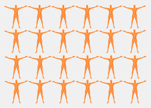 Men in orange zentai standing on white background