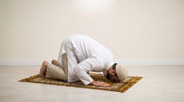 Muslim man performing sujood prostration prayer on prayer mat at home