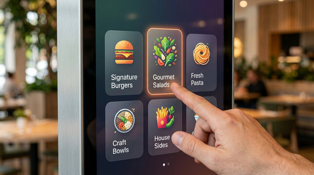 Hand selecting gourmet salad on a digital menu kiosk in a restaurant