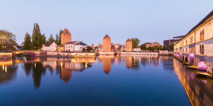 France, Alsace, Strasbourg, La Petite France, L'Ill river and Pont Couverts and Barrage Vauban