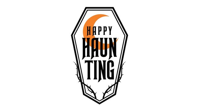 Happy haunting text design inside a coffin shape with an orange crescent moon illustration isolated on a white background