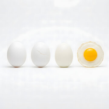 Four white eggs displayed in a row showing raw cracked boiled and sunny side up preparation
