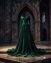 Naklejka premium Emerald green velvet gown hanging inside a historic gothic cathedral serves as an elegant display for bridal boutiques or fashion editorial concepts needing a moody and sophisticated atmosphere.