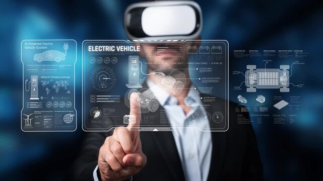 A businessman using a virtual reality headset interacts with an advanced electric vehicle interface, exploring futuristic technology and innovations in transportation and connectivity. Raster