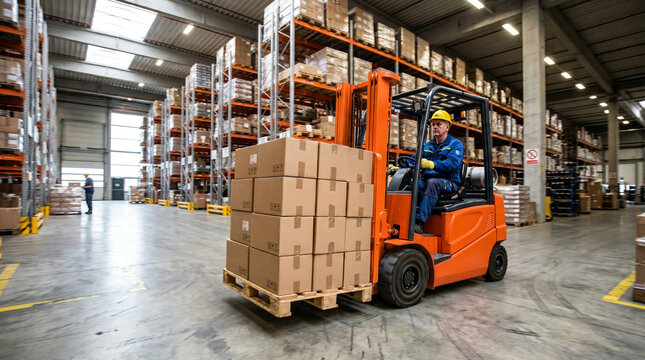 Orange forklift moving heavy stacked cardboard packages in modern logistics warehouse aisle.