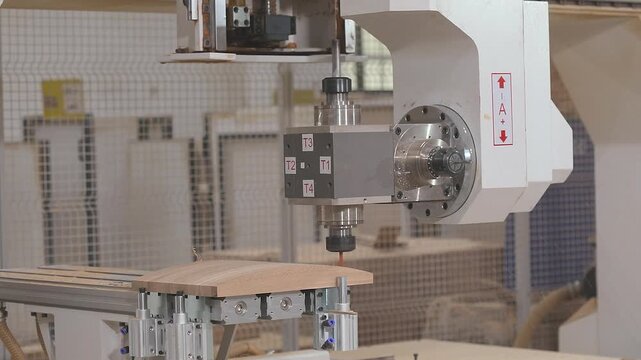 CNC woodworking machine with multi spindle revolver milling head processing wooden detail. CNC machine performing shaped cutting on wooden parts for furniture production. Wooden furniture factory 