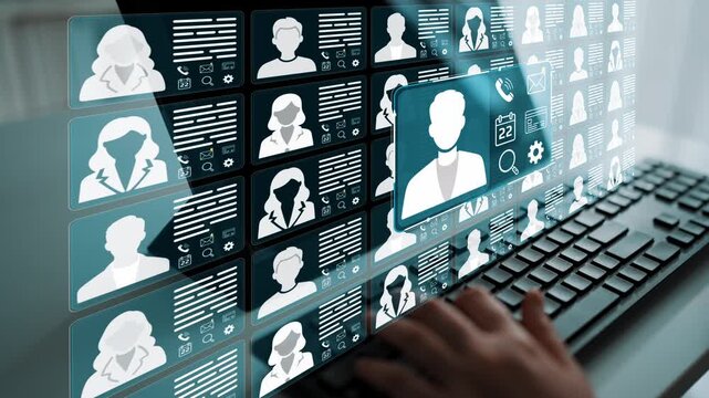 Digital Interface Featuring Multiple User Profiles with Focus on Individual Silhouette and Keyboard Background in Futuristic Workspace Concept. Entropy.