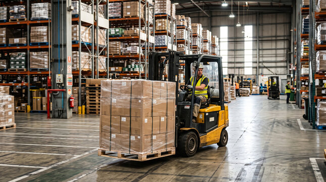 Industrial forklift operator moving double stacked cardboard pallets in storage warehouse.