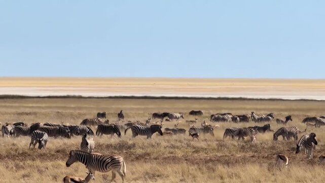 Herds of Plains Zebras and Springbok Roam The Grassland Near Etosha Pan, Namibia