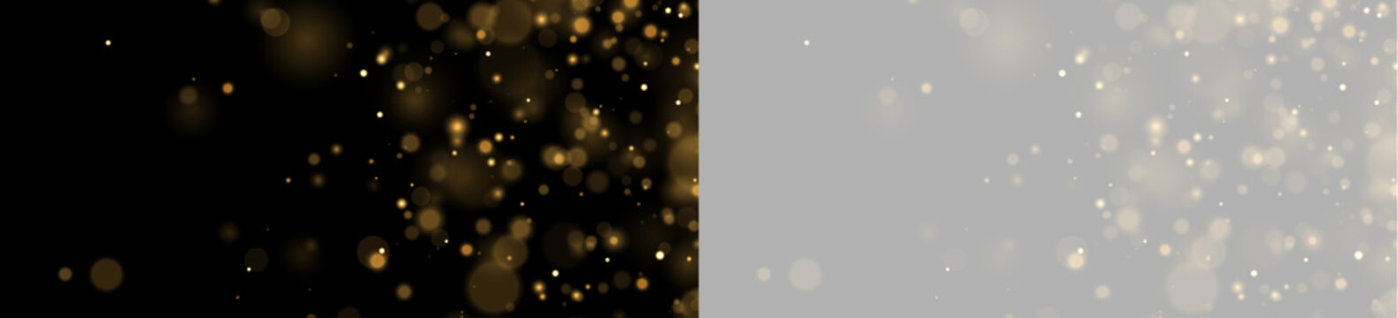 Scattered golden bokeh lights glowing softly against a dark background on transparent background