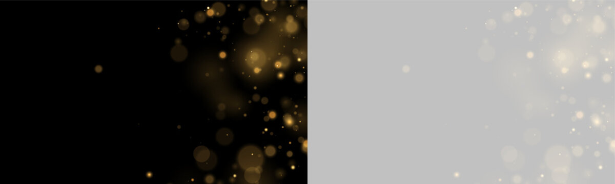 Soft glowing golden bokeh orbs scattered on a black background with a subtle depth effect on transparent background