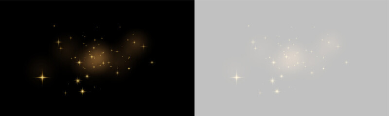 Cluster of soft glowing golden sparkles scattered on a black background with various sizes and subtle light effects on transparent background © Svet