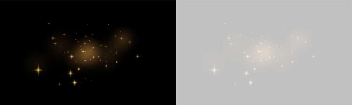 Cluster of soft glowing golden sparkles scattered on a black background with various sizes and subtle light effects on transparent background