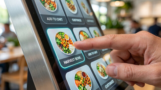 Hand touching touchscreen menu for healthy food ordering at restaurant