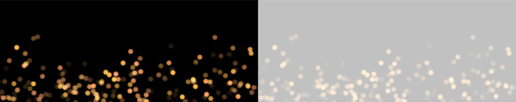 Scattered orange and yellow bokeh lights on black background forming a horizontal pattern on transparent background