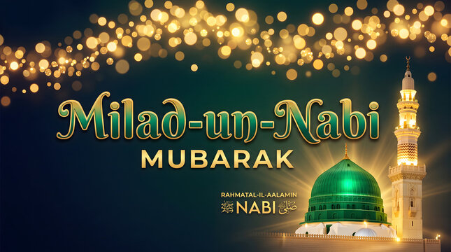 Milad un Nabi Mubarak Green Dome Mosque Illustration with Golden Bokeh Lights and Minaret