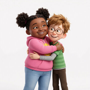 Deux enfants se serrant dans les bras en illustration 3D