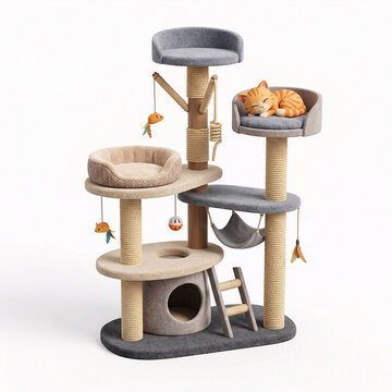 Grand arbre &agrave; chat avec plusieurs plateformes en illustration 3D